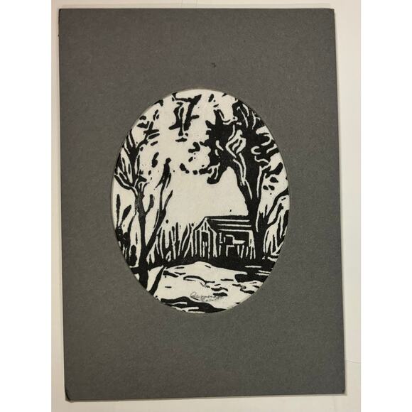 Vintage Mid Century Linoleum Print House Art Farm - Picture 1 of 1